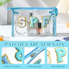 Hillban Preppy Patch Sun SPF Clear Makeup Bag Summer Stuff Toiletry Bag Chenille Letter Transparent Makeup Pouch Waterproof Beach Pool Bag Travel Summer Essentials for Teen Girl Women (Blue, SPF)