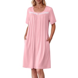 Ekouaer Women Zipper Robe Short Sleeves House Coat Zipper Front Bathrobe Sleepwear with Pockets Housecoat Nightgown