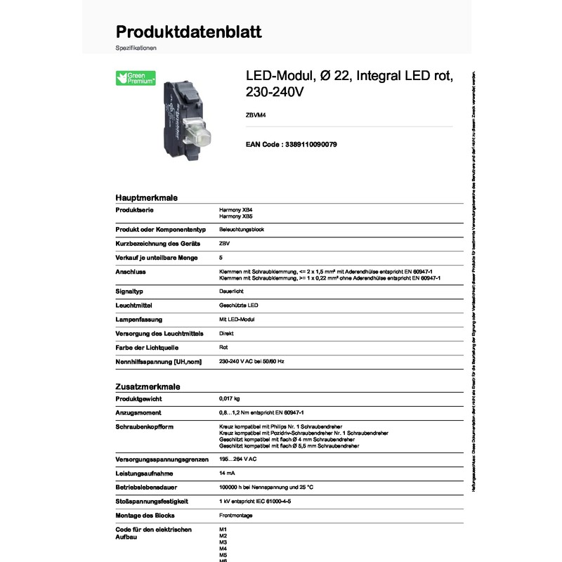 Lamp Module, 22mm, 240VAC, Red, LED