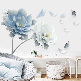 OCXEQJX Flower Wall Decals Large Purple Dandelion Butterfly Wall Stickers Hollow Out Flowers Wall Paper Removable Wall Art Decoration Peel and Stick Room Wall Decor for Bedroom Living Room (Blue)