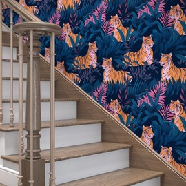 VOLEAAR Retro Peel and Stick Wallpaper Tiger Wallpaper Leaves Contact Paper Peel and Stick Tropical Wall Paper for Living Room Kitchen Cabinet Countertop Blue Pink Removable Self Adhesive 17.5" x 118"