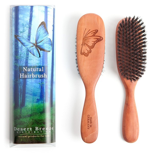 Made in Germany, 100% Pure Wild Boar Bristle Hair Brush, Model PW1, Stiff 1st Cut Natural Bristles, Pear Wood Handle, Premium Hairbrush, by Desert Breeze Distributing