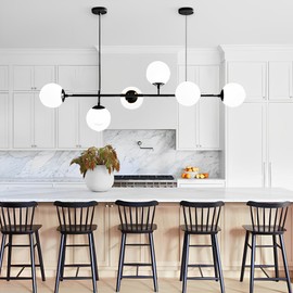 IBalody Glass Globe Chandelier 6-Lights Pendant Light Mid Century Modern Chandelier Light Fixture Living Room Dining Room Restaurant Kitchen Island Black Pendant Lamp with White Glass