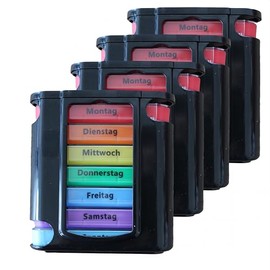 KAMACA Pack of 4 (= 4 pieces) practical medication dispenser 28 days with 4 compartments per day, pill box, pill box, pill box, weekly dispenser (set of 4 - 4 weeks - black)