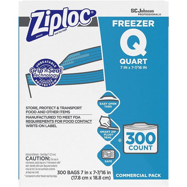 SC Johnson Professional, Ziploc Freezer Bags, For Food Organization and Storage, Double Zipper Seal, Easy-Open Tabs, Quart, 300 Count