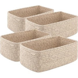 4 Pack Small Storage Shelf Baskets for Organizing, Mini Woven Rope Storage Bins for Towels, Cute Decorative Closet Organizer，Baby Nursery, Gift Empty Baskets -11.81''Lx7.87''Wx4.72''H'-Brown
