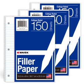 Kaisa3 Pack Notebook Paper College Ruled 3-Hole Punched Loose Leaf Paper 8x10.5 Lined Paper College Ruled Filler Paper for 3-Ring Binder Paper 150 Sheets/Pack (3 Pack-college) F15001C-3pk