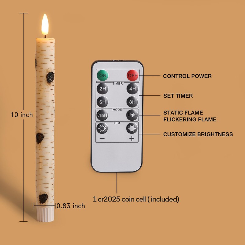 Girimax Birch Bark Flameless Taper Candles with Remote, Flickering Battery
