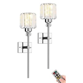 Modern Wall Sconces Lighting Battery Operated set of 2,No wiring Rechargeable Wall Lights Fixture with Wireless Remote,Clear Glass Long Wall Lamp Silver for Bedroom Bathroom Living Room Vanity Light