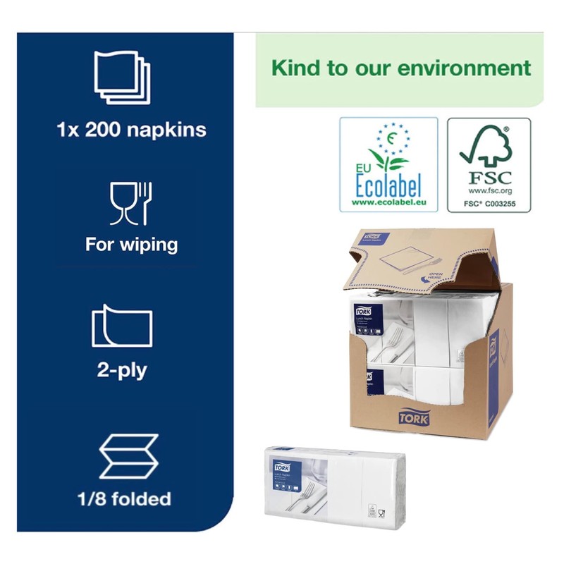 Tork White Lunch Napkin 1/8 Folded, 2 Ply, Pack of