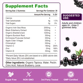 Elderberry Gummies with Sea Moss, Bladderwrack, Burdock, Echinacea, Apple Cider Vinegar, Chlorophyll, Vitamin C, D & Zinc Supplement for Women, Men, Adults and Kids, Blueberry Flavor 60Ct