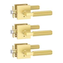 Amerdeco 3 Pack Privacy Door Handles - Brushed Gold Interior Lever, Knurled Heavy Duty for Bedroom and Bathroom, Reversible Keyless for Right & Left Side AM0021