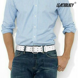 LEACOOLKEY Double Prong Leather Belts for Men PU Leather Work Belt For Jeans,2 Holes Casual Leather Belt for Men,White，Fits Pants Size up to 32"
