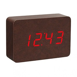 Gingko Brick Click Clock 8" x 6" Time/Date/Temp Alarm Clock Brown Leatherette Red LED