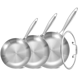 Inqibee 8.5-10-12 Inch Tri-Ply Stainless Steel Frying Pan Set with a Lid,Skillets,Induction Cooking Pans,Pots and Pans Set,Dishwasher and Oven Safe,Detachable Handle.