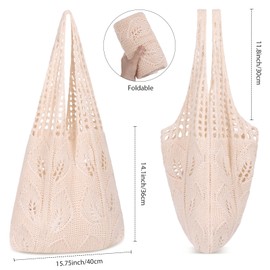 WantGor Crochet Bags, Beach Mesh Tote Bag, Women's Shoulder Bag, Shopping Bag, Casual Travel Bag, Foldable Hobo Bags, Apricot Cream, M