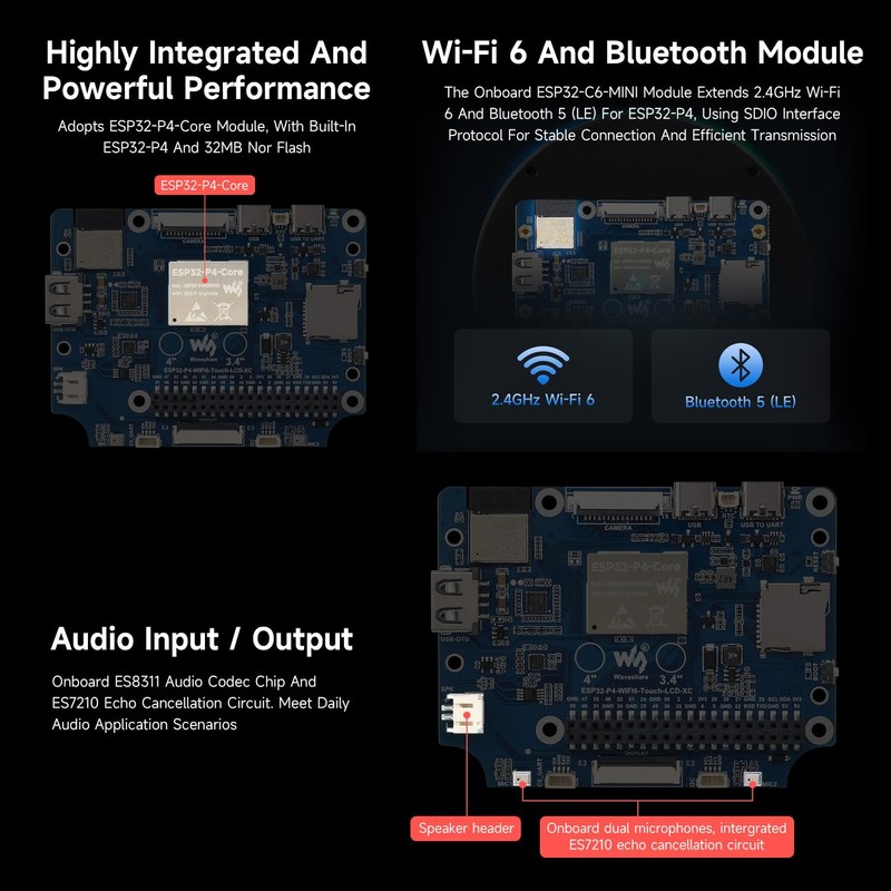 Waveshare ESP32-P4 4inch Wi-F6 Round Touch Display Development Board, 720