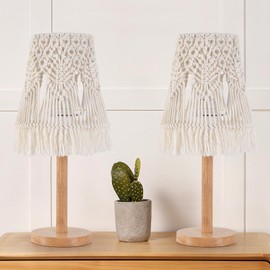 16-inch Boho Table Lamp Set of 2 - Handwoven Ivory Shade & Solid Wood Base, Bohemian Style Bedside Lamp for Living Room, Bedroom, Study Office Decor