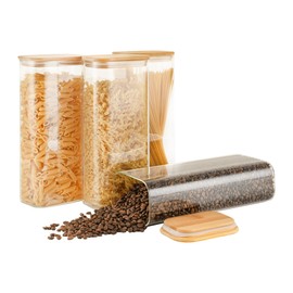 D2scrma 71oz Rectangle Airtight Glass Storage Containers with Bamboo Lids (Set of 4), Square Food Storage Jar, Pantry Organizers for Sugar, Flour, Spaghetti and Coffee beans (‎with Black Lable)