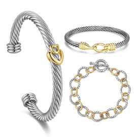 ESSNAMS 3Pcs Cable Cuff Bracelets Set, Trendy Cute Gold and Silver Bangle Two Tone Chain Mixed Metal Jewelry for Women (Two Tone Set C)