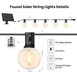 Yuusei Solar String Lights Outdoor 50 FT, Patio Lights for Outside with 25+1 Shatterproof Bulbs, Solar Powered with USB Port, Waterproof Solar LED Hanging Light for Backyard Garden 2700K Warm White