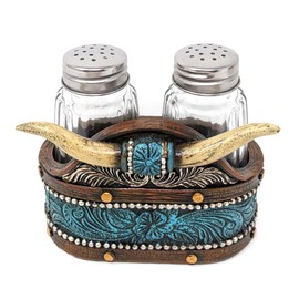 BestGiftEver Southwestern Salt & Pepper Shakers Set w/Holder - Faux Horn & Tooled Leather (Rustic, Cabin, Lodge) - Decorative Western Salt & Pepper Shakers Holder Set - Spice Up Your Kitchen
