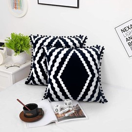 HYOPUO Set of 2 Black and White Pillow Covers with Pom-poms Boho Aztec Geometric Decorative Throw Pillow Covers for Sofa Couch Bed Decor (18 x 18, Black )