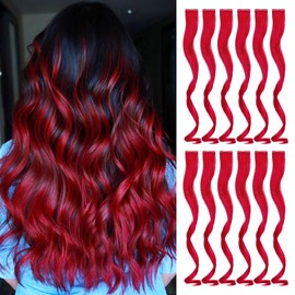 Wodelanle 12 PCS Colored Red Hair Extensions Clip in Hairpiece Colorful 20 Inch Wavy Curly Synthetic Hair Extensions for Kids Girls Women Party Highlights