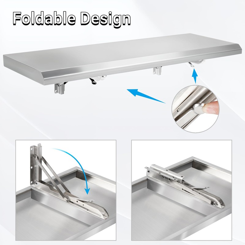 Toriexon Folding Concession Shelf 36" x 18", Stainless Steel Drop
