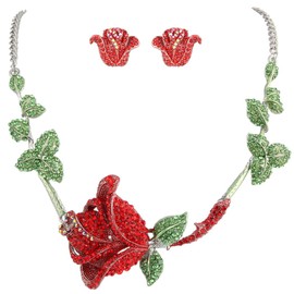 EVER FAITH Austrian Crystal Rose Flower Leaf Necklace Stud Earrings Set Red w/Green Silver-Tone