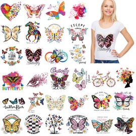 Panelee 30 Pieces Butterfly Transfers Iron on Patches Colorful Rainbow Iron on Stickers Flower Heat Transfer Stickers Decals DIY T-Shirt Jeans Backpacks Clothing Hat Decoration