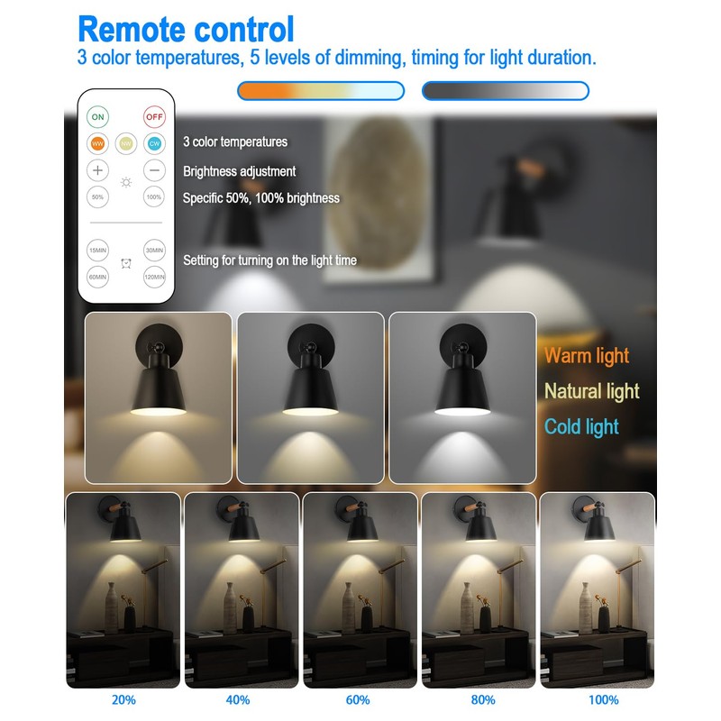 BIMEAN Black Battery Operated Wall Sconce Set of 3, Easy