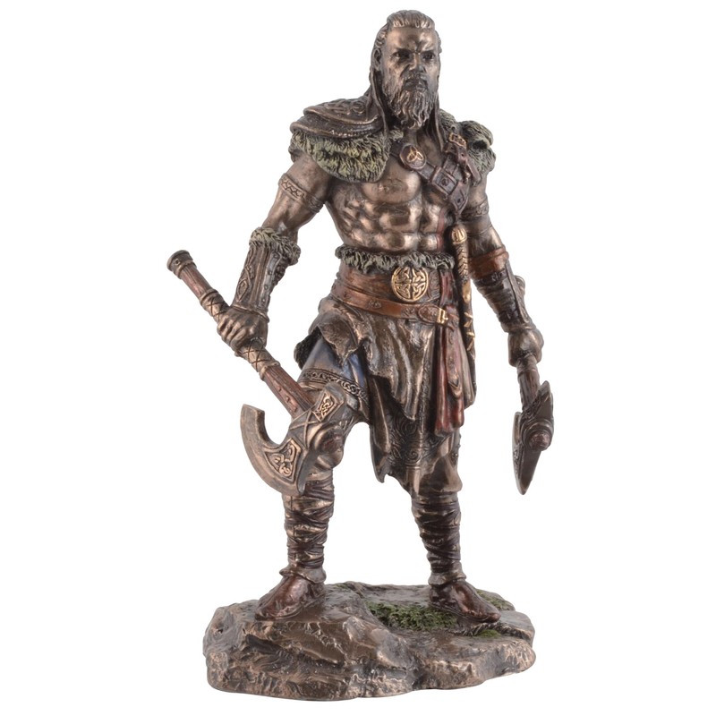 Veronese Viking with Two Axes Made of Artificial Stone Bronzed