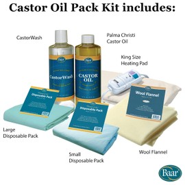 Baar Castor Oil Packs Kit: Heating Pad with Auto Shut Off; Cold Pressed, Cold Processed, Hexane Free, Palma Christi Castor Oil; Reusable, Unbleached Wool Flannel Cloth; & Disposable Castor Oil Packs