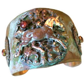 Elaine Coyne Collectible Artwear Olive Patina Running Horse Filigree Cuff Bracelet - Burnt Red Tigers Eye - USA Made
