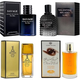 4-Piece Cologne for Men Includes Choco Musk/Savage Ext/1 Billion/Valentine Milano of Woody, Spicy, Citrus & Aromatic eau de parfum for Men