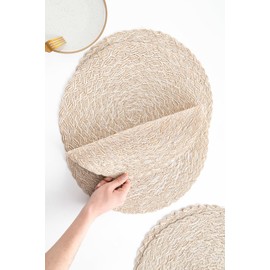 Floroom 15 Inch Round Braided Placemats Set of 6, Washable Heat Resistant Cotton Polyester Circle Boho Place Mats for Kitchen Dining Table - Canvas Beige