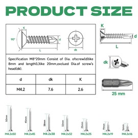 HXJDAM 200 pcs Self Tapping Screws metal, M4.2x25mm Self Drilling Screws, 410 Stainless Steel Cross Countersunk screws with driver bit used For Metal, Wood, Plastic, Etc.