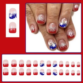 Independence Day Press on Nails Short Square Fake Nails Star False Nails with Glitter Glossy Design Glue on Nails Blue Red Acrylic Nails Press ons for 4th of July Women Manicure 24Pcs