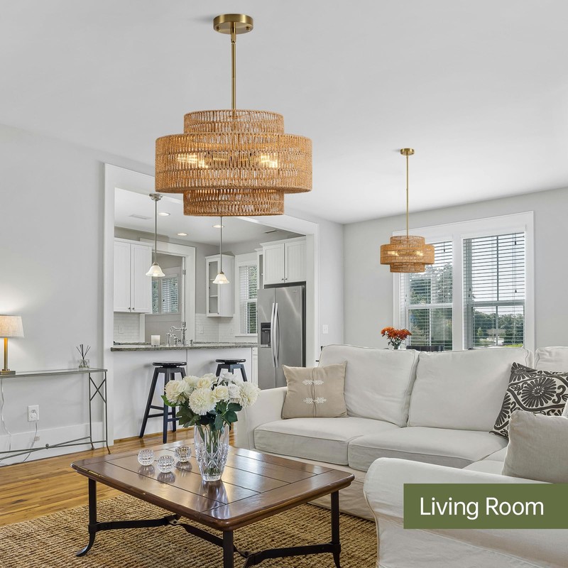 InterMaka 4-Light Boho Rattan Chandelier Light Fixture, 17.7” Hand Woven