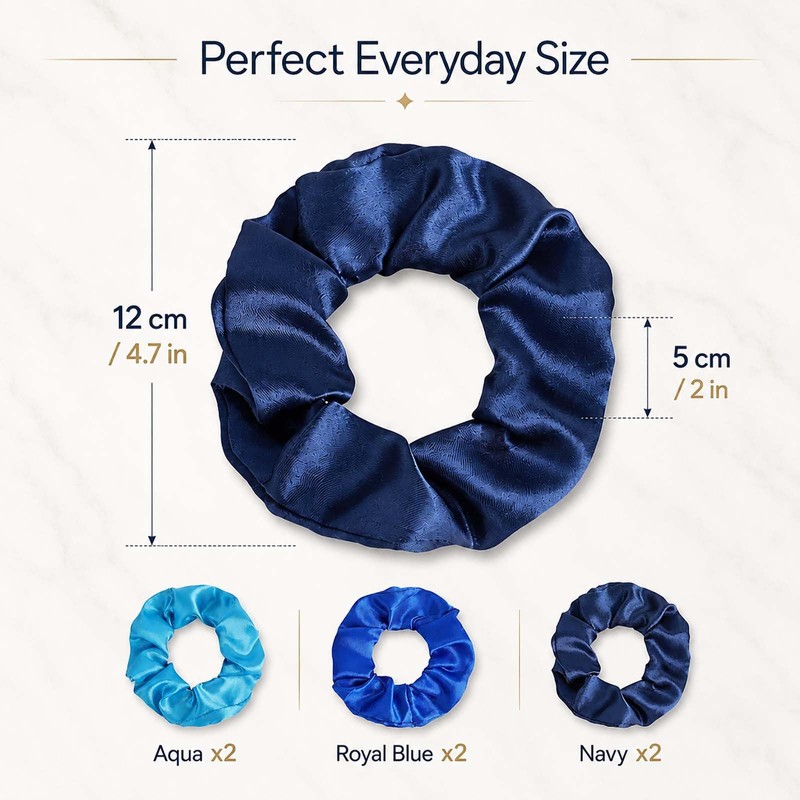 6-Pack Blue Satin Hair Scrunchies, Wide Pleated Design, Secure Hold