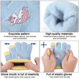 QKURT 3 Pairs Kids Warm Knit Gloves, Toddler Magic Gloves Colorful Crystal Sand Gloves Soft Thermal Gloves Good Stretch Children's Full Finger Mittens with Novel Unicorn Pattern for 2-5 Years Girls