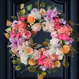 vivimemo 22-inch Pink Front Door Wreath Spring Artificial Rose Wreath Spring Summer Front Door Hallway Indoor Outdoor Decorative Wreath Festive Wedding Decorative Wreath