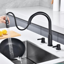 RULIA Kitchen Faucet, 2 Handles Kitchen Sink Faucet, 3 Holes Sink Faucet, Pull Down Kitchen Faucets, Bar Kitchen Faucet, Matte Black, Stainless Steel, RB1064