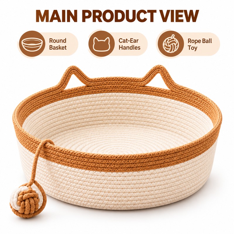 Interactive Woven Cat Bed with Toy Tail – 3-in-1 Cotton