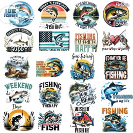 Wezdopu 20 Sheets Fishing Iron on Decals Fun Iron on Transfers for Tshirts Creative Clothing Decoration for DIY T-Shirt Jackets Backpacks
