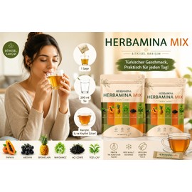 Herbamina Mix Bitkisel Karışım 20 Sachets (8 g) - Herbal Drink Powder with Fruit & Plant Flavours | Bitki İçecek Karışımı - Practical Portion Bag