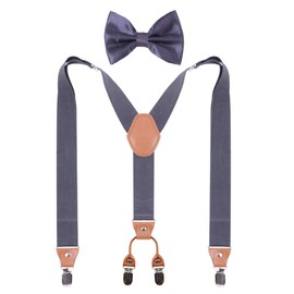 GUCHOL Suspenders Bow Tie for Mens and Women Heavy Duty Elastic Wide Suspenders Strong 4 Metal Clips Adjustable（Dark Grey）