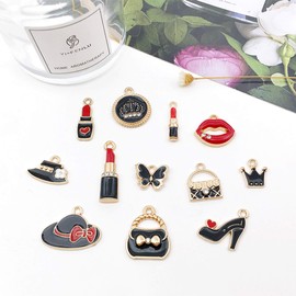 TSJ 24 PCS Assorted Enamel Charms Black Jewelry Making Pendants Lady Fashion Women Makeup DIY Charms for Necklace Bracelet Earrings