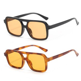 LJCZKA Retro Sunglasses Aviator Glasses for Men Women Classic 70s Flat Square Double Bridge Sunglasses with UV400 Protection, Black orange + leopard orange